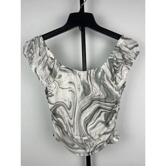 Just Polly White Gray Marble Mesh Ruched Side Seam Crop Top Size‎ M - Picture 3 of 5